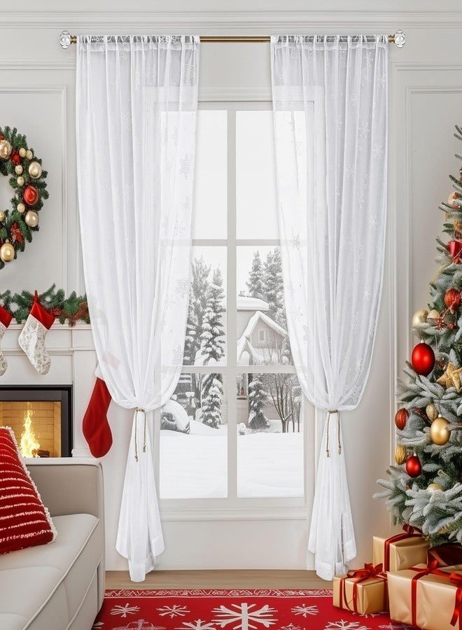Beauoop Sheer Christmas Curtains 84 Inches Long 2 Panels for Living Room Bedroom White Snowflake Xmas Winter Holiday Decor Privacy Light Filtering Rod Pocket Voile Window Treatments Drapes 52x84 2 Set - Image 1
